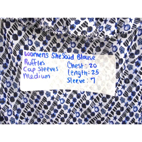 She Said Ruffle Womens Size M Short Sleeve Blouse Blue Shapes White - Picture 4 of 7